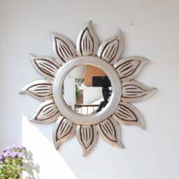 Peruvian Silver Floral Sun Mirror 50 cm Handmade Wall Decor - Carved Wood Round Artistic Statement For Living Room Bathroom - thumbnail 2