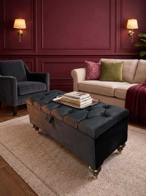 Chesterfield Plush Velvet Footstool - Tufted Ottoman With Wooden Legs - image 1