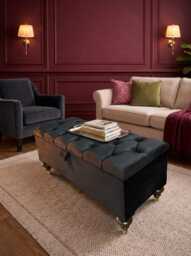 Chesterfield Plush Velvet Footstool - Tufted Ottoman With Wooden Legs - thumbnail 1