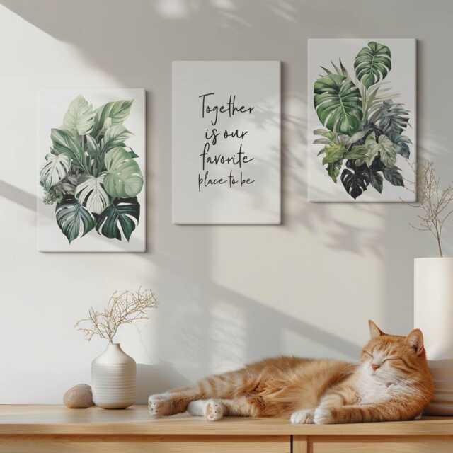 Canvas Art Set Of 3 - Green Leaves Tropical Plants With Decorative Text, Wall Print, & Flowers Decor - image 1