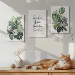 Canvas Art Set Of 3 - Green Leaves Tropical Plants With Decorative Text, Wall Print, & Flowers Decor - thumbnail 1