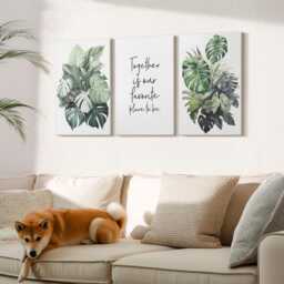 Canvas Art Set Of 3 - Green Leaves Tropical Plants With Decorative Text, Wall Print, & Flowers Decor - thumbnail 2