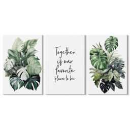 Canvas Art Set Of 3 - Green Leaves Tropical Plants With Decorative Text, Wall Print, & Flowers Decor - thumbnail 3