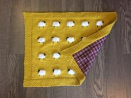 Reversible Sheep Baby Blanket, Handknit, Fuzzy Sheep, Flannel On Reverse - Optional 3 Sizes - thumbnail 1