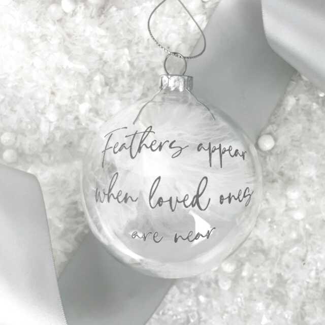 Personalised Memorial Bauble - White Feather Filled Glass Ornament - image 1