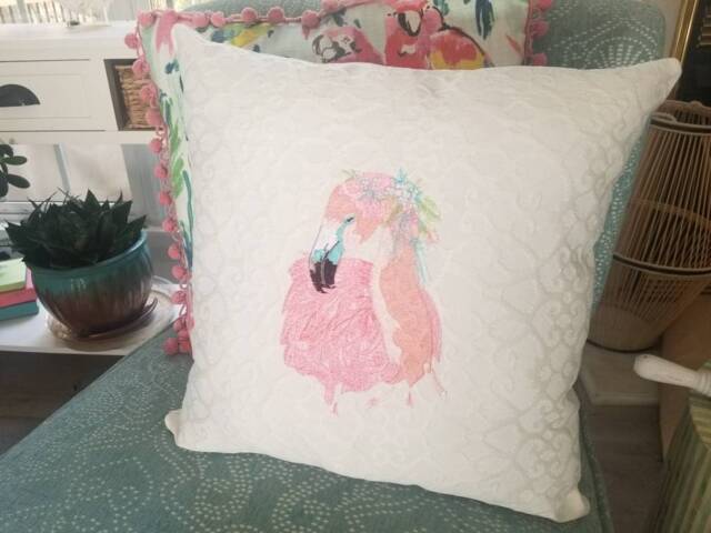 Boho Embroidered Flamingo Pillow - Beach Decor - image 1