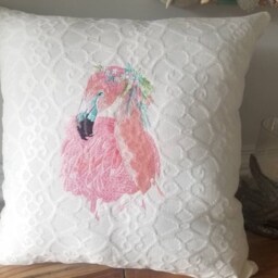 Boho Embroidered Flamingo Pillow - Beach Decor - thumbnail 2