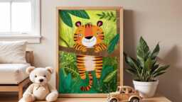 Smiling Tiger Nursery Poster, Jungle Animal Wall Art For Kids Room, Playful Safari Baby Shower Gift, Bright Playroom Decor Print - thumbnail 1