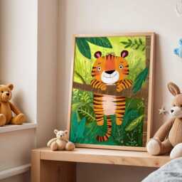 Smiling Tiger Nursery Poster, Jungle Animal Wall Art For Kids Room, Playful Safari Baby Shower Gift, Bright Playroom Decor Print - thumbnail 3