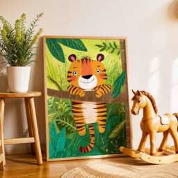 Smiling Tiger Nursery Poster, Jungle Animal Wall Art For Kids Room, Playful Safari Baby Shower Gift, Bright Playroom Decor Print - thumbnail 2