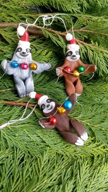Santa Sloth Christmas Ornament - Hand-Sculpted Polymer Clay Figurine - image 1