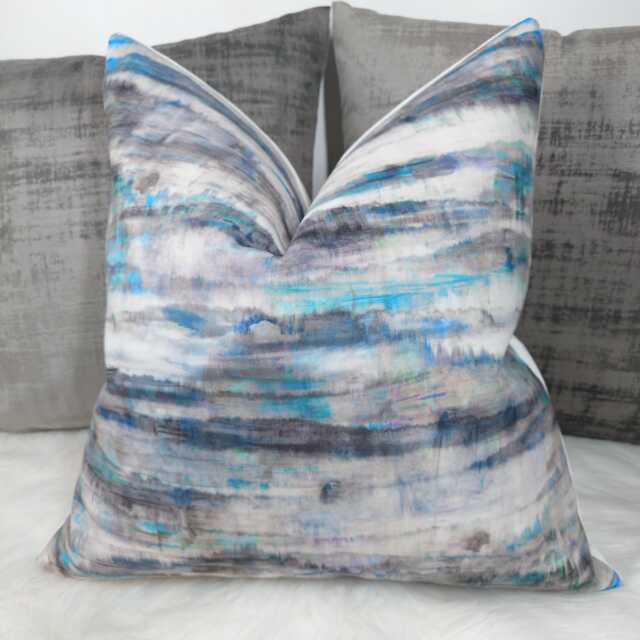Abstract Design Velvet Cushion Cover Nautical Cover Tones Of Blue Grey Green & White Art The Loom Designer Fabric Cushion - image 1
