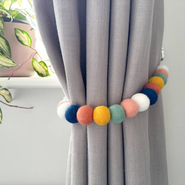 Peach Navy & Mint Felt Ball Curtain Tie Backs - Pom Hold Custom Nursery Decor Baby Gift Colourful Pull - image 1