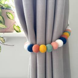 Peach Navy & Mint Felt Ball Curtain Tie Backs - Pom Hold Custom Nursery Decor Baby Gift Colourful Pull - thumbnail 1