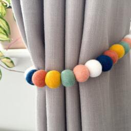 Peach Navy & Mint Felt Ball Curtain Tie Backs - Pom Hold Custom Nursery Decor Baby Gift Colourful Pull - thumbnail 2