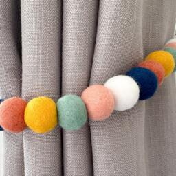 Peach Navy & Mint Felt Ball Curtain Tie Backs - Pom Hold Custom Nursery Decor Baby Gift Colourful Pull - thumbnail 3