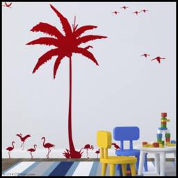 Coconut Palm Tree Wall Decal Flamingos & Toucans, Kids Nursery Decor - thumbnail 2