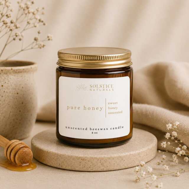 Pure Honey - Unscented 100% Beeswax Candle, 8 Oz in Glass Jar - image 1