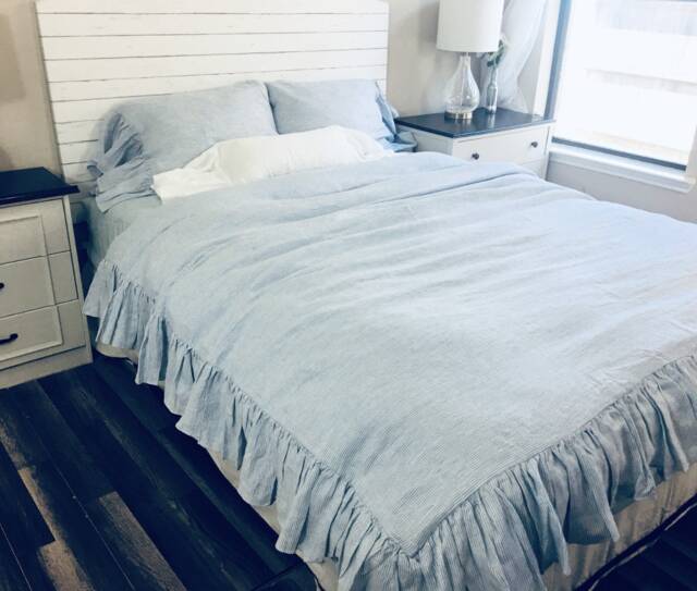 Blue & White Ticking Striped Duvet Cover With Mermaid Long Ruffles, Made To Fit - image 1