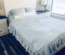 Blue & White Ticking Striped Duvet Cover With Mermaid Long Ruffles, Made To Fit
