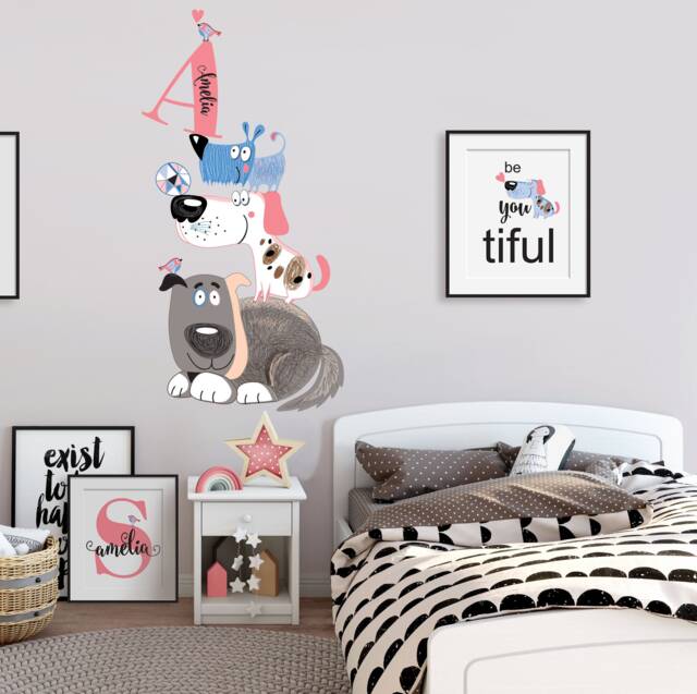 Dogs Puppy Themed Personalized Name Custom Initial Repositionable Fabric Wall Decal Sticker For Nursery, Girl's, Boy's Room Or Playroom - image 1