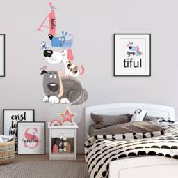 Dogs Puppy Themed Personalized Name Custom Initial Repositionable Fabric Wall Decal Sticker For Nursery, Girl's, Boy's Room Or Playroom