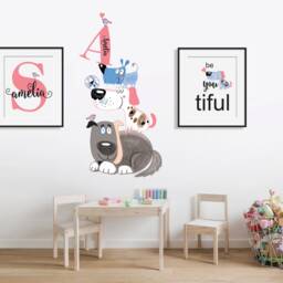 Dogs Puppy Themed Personalized Name Custom Initial Repositionable Fabric Wall Decal Sticker For Nursery, Girl's, Boy's Room Or Playroom - thumbnail 3