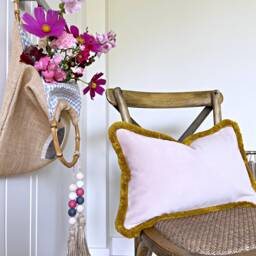 Pale Pink Velvet Lumbar Pillow Cover Antique Gold Fringe - thumbnail 3