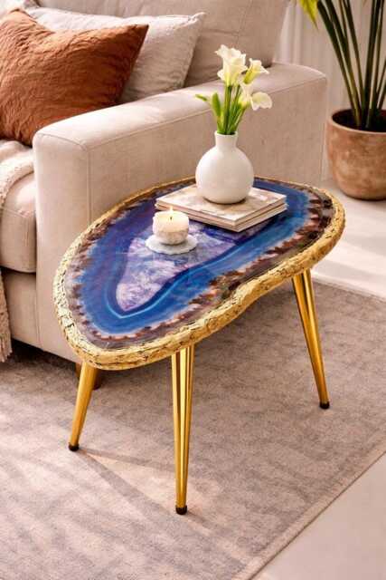 Luxury Geode-Look Coffee Table, Handmade Epoxy Resin Turquoise Art Side Table , Modern Home Decor Gold Legs - image 1