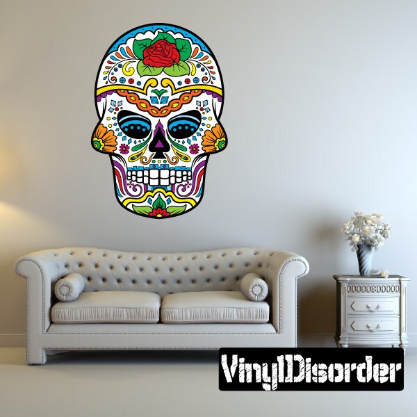 Sugar Skull Wall Decal - Fabric Vinyl Removable & Reusable Sugarskulluscolor006Et