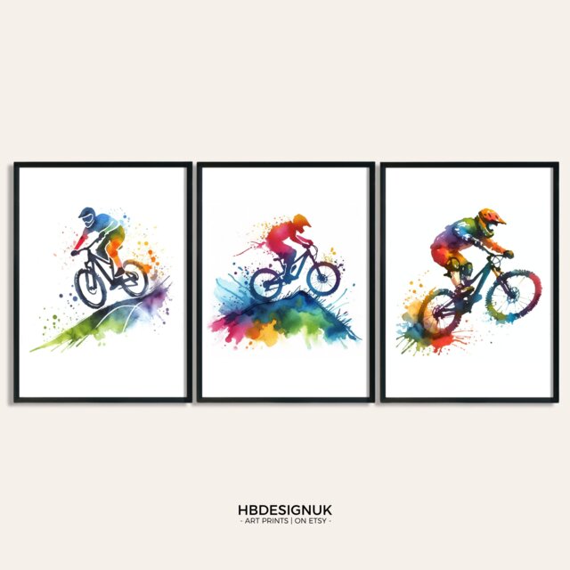 Mountain Bike Prints - Set Of 3 Posters - Biker Wall Art Watercolour Decor Gift Cycling Artwork Boys Cyclist Bedroom Gifts Biking - image 1