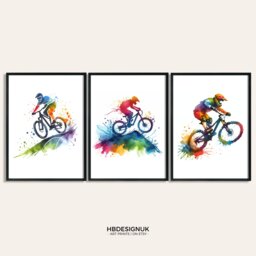 Mountain Bike Prints - Set Of 3 Posters - Biker Wall Art Watercolour Decor Gift Cycling Artwork Boys Cyclist Bedroom Gifts Biking - thumbnail 1