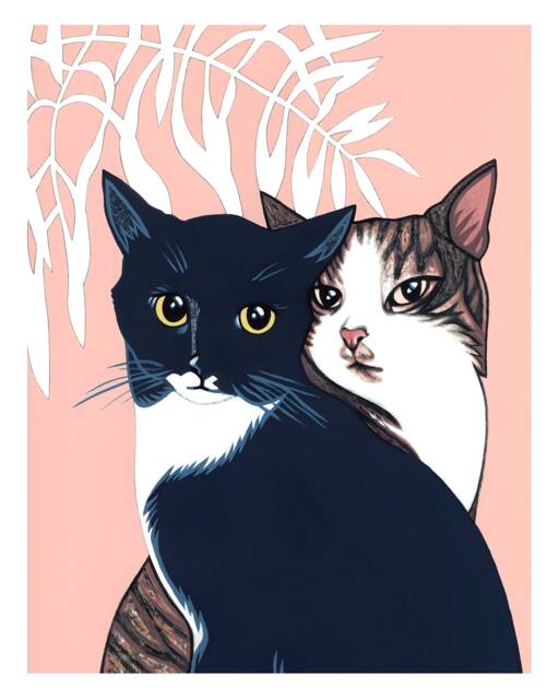 Lovecats - Gicl??e Art Print Of Original Gouache Pet Cat Portrait Painting On Paper - image 1