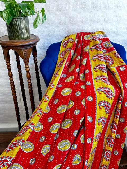 Vintage Handmade Kantha Stitch Sofa Throw - Beach Camper Van Quirky Colours Red Orange Floral Musted - image 1