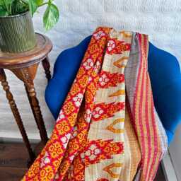 Vintage Handmade Kantha Stitch Sofa Throw - Beach Camper Van Quirky Colours Red Orange Floral Musted - thumbnail 3