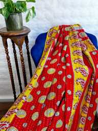 Vintage Handmade Kantha Stitch Sofa Throw - Beach Camper Van Quirky Colours Red Orange Floral Musted