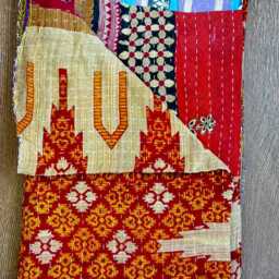 Vintage Handmade Kantha Stitch Sofa Throw - Beach Camper Van Quirky Colours Red Orange Floral Musted - thumbnail 2
