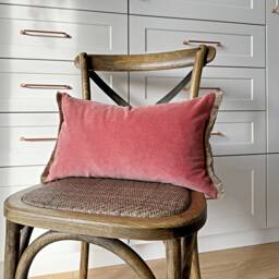Coral Velvet Lumbar Pillow Cover Boho Jute Fringe Cushion - thumbnail 3