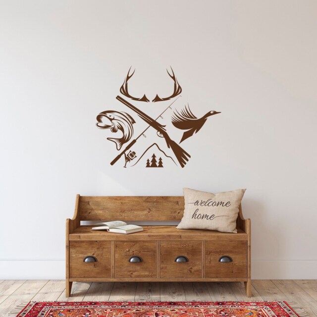 Hunting & Fishing Wall Decal Deer Silhouette & Rod Vinyl Sticker C153 - image 1