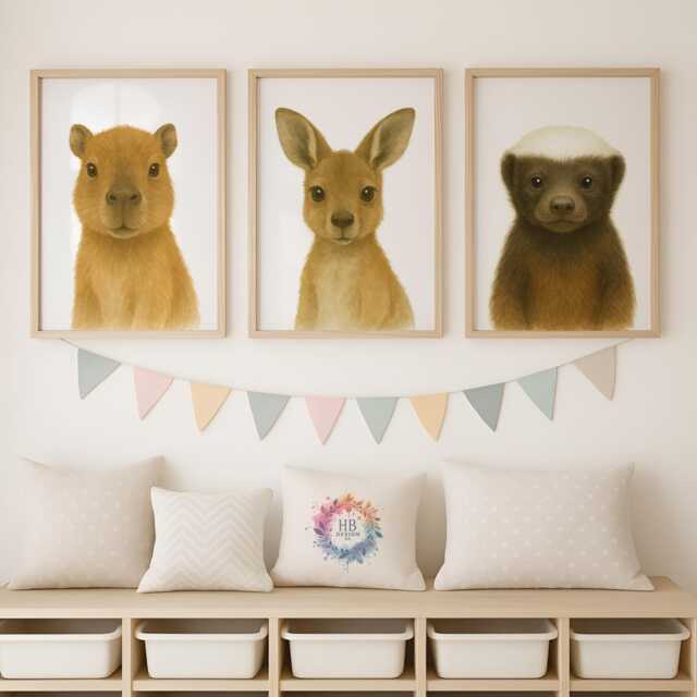 Animal Nursery Prints - Safari Wall Art, Baby Boys Bedroom Decor, Watercolour Print, Girls Room, Kids Playroom - image 1