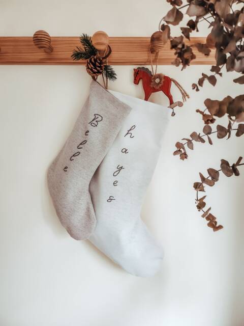 Personalized Family Christmas Santa Stocking, Custom Name Cotton Linen Hand Embroidered Stocking, Kids Stocking - image 1
