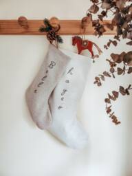 Personalized Family Christmas Santa Stocking, Custom Name Cotton Linen Hand Embroidered Stocking, Kids Stocking - thumbnail 1