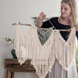 Macrame Boho Statement Wall Hanging On Driftwood, Above Bed & Couch Art, Cotton Tapestry, Contemporary Modern - thumbnail 3