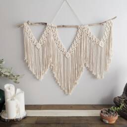 Macrame Boho Statement Wall Hanging On Driftwood, Above Bed & Couch Art, Cotton Tapestry, Contemporary Modern - thumbnail 2