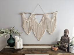 Macrame Boho Statement Wall Hanging On Driftwood, Above Bed & Couch Art, Cotton Tapestry, Contemporary Modern