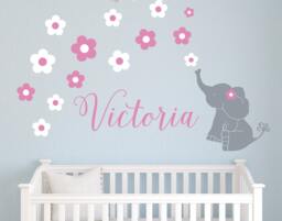 Personalized Elephant Flowers Vinyl Wall Decal Pick Your Own Colors & Fonts Child261 - thumbnail 1