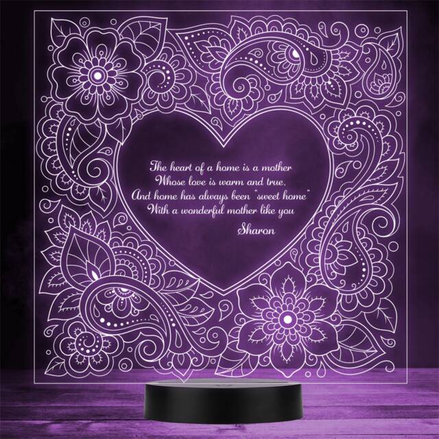 Flower Heart Mendhi Mother's Quote Personalised Gift Any Colour Led Night Light - image 1