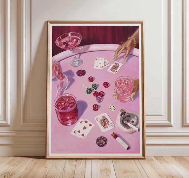 Casino Night Pink Wall Art, Poker Table Poster, Modern Gambling & Cocktail Print - image 1