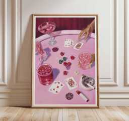 Casino Night Pink Wall Art, Poker Table Poster, Modern Gambling & Cocktail Print - thumbnail 1