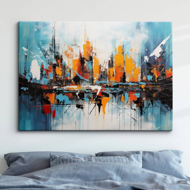 City Skyline Painting Paint Splash Wall Art, Framed Canvas Skyscraper Rainbow Colourful Poster Print, Home Kitchen Office Room Decor Gifts - image 1